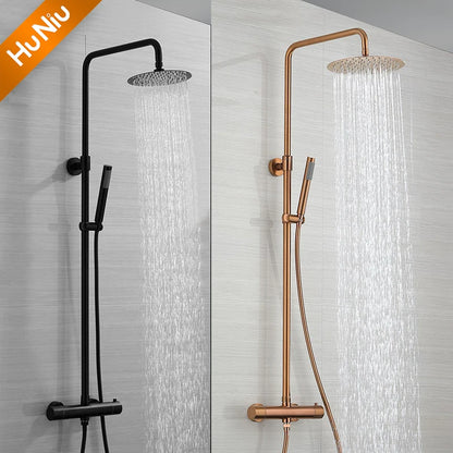 Lookrover Thermostatic Shower System Brushed Gold Wall Mount Rainfall Head