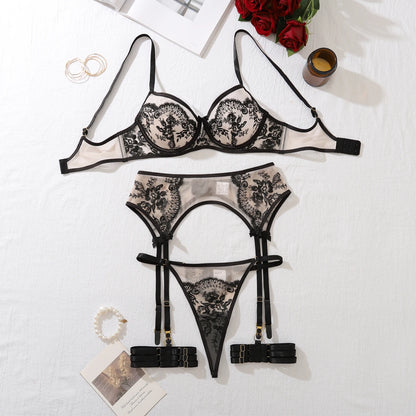 Lookrover 4-Piece Flower Embroidery Lingerie Set Pure Color Mesh Sheer Panty Women