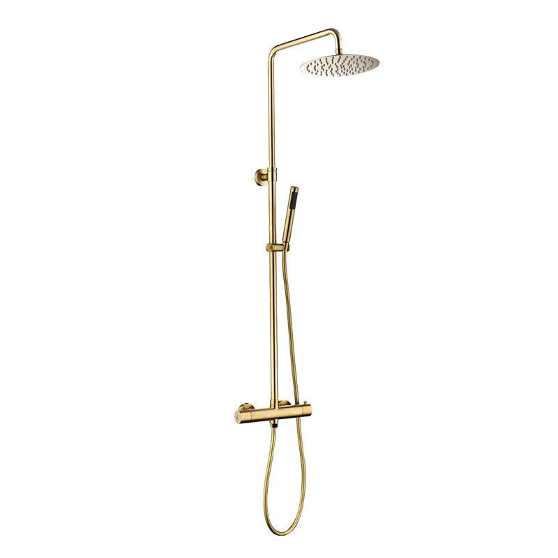 Lookrover Thermostatic Shower System Brushed Gold Wall Mount Rainfall Head