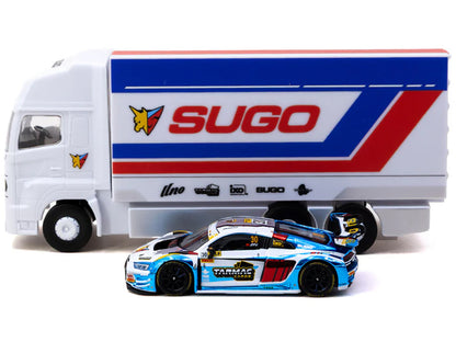 Audi R8 LMS GT3 evo II #30 James Yu "Uno Racing Team" "Macau GT Cup - FIA GT World Cup" (2024) with Plastic Transporter Packaging and Collectible Tarmac Cards "Hobby64" Series 1/64 Diecast Model Car by Tarmac Works
