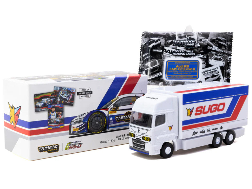 Audi R8 LMS GT3 evo II #30 James Yu "Uno Racing Team" "Macau GT Cup - FIA GT World Cup" (2024) with Plastic Transporter Packaging and Collectible Tarmac Cards "Hobby64" Series 1/64 Diecast Model Car by Tarmac Works