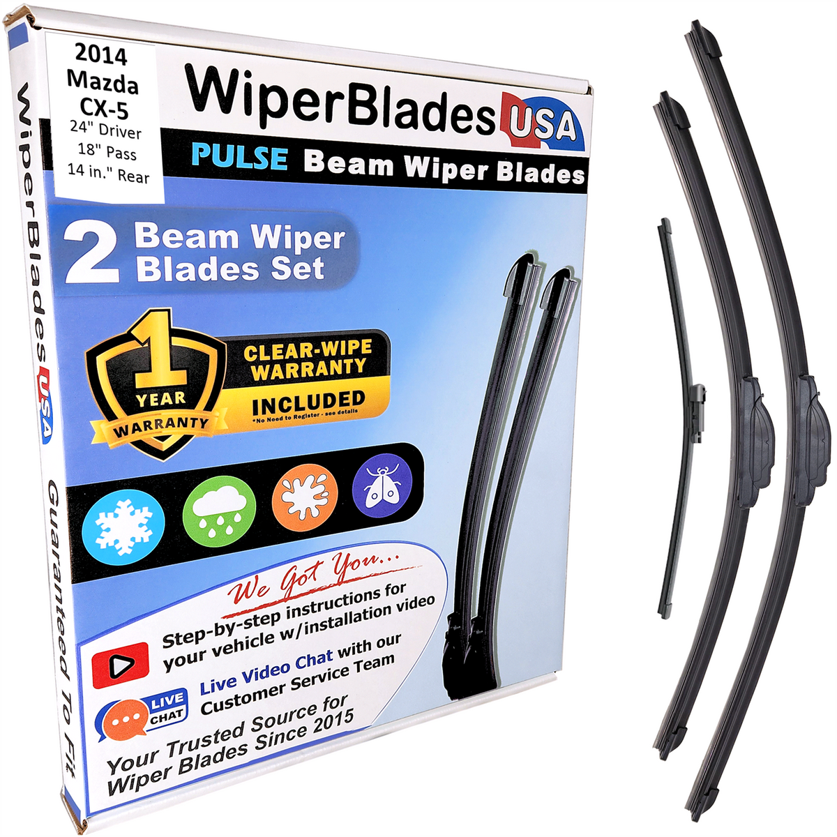 2014 Mazda CX-5 Wiper Blades w/1yr Wear Warranty (Set of 3) w/Rear Wipers