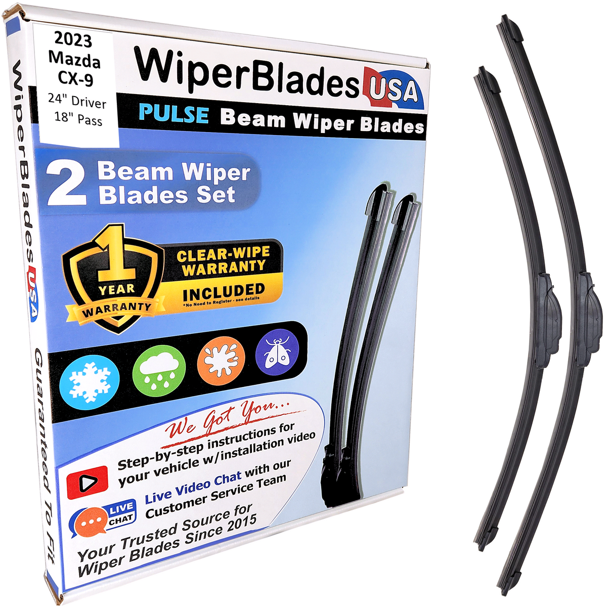 2023 Mazda CX-9 Wiper Blades Set w/1yr Warranty (Set of 2) Pulse Beam Wipers