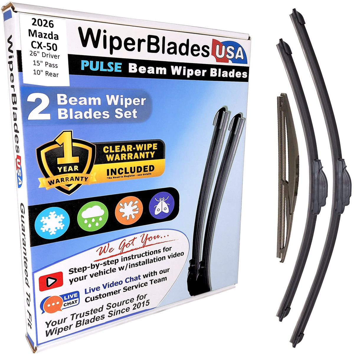 Mazda CX-50 2026 Wiper Blades w/1yr Wear Warranty (Set/3) w/Rear Wipers