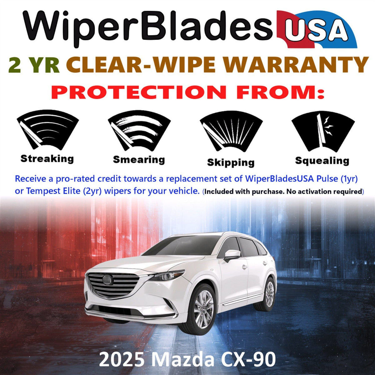 2025 Mazda CX-90 Wiper Blades Set w/2yr Warranty (Set of 2) Tempest Elite Wipers