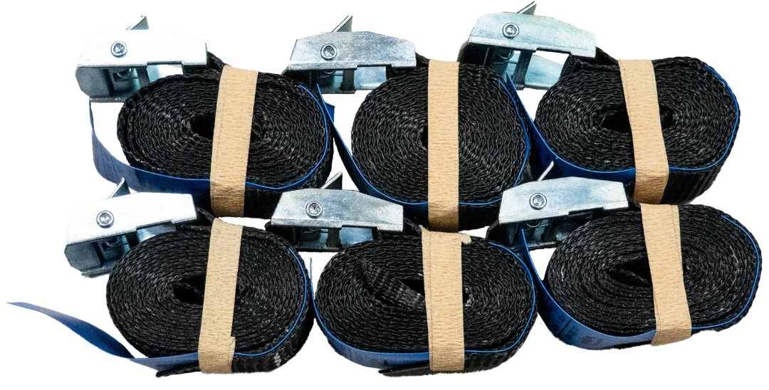 6er Pack schwarzer 25mm Zurrgurt mit Klemmschloss (je 1,5m, EN 12195-2)