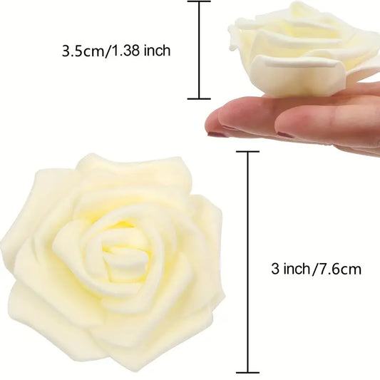 Lookrover 50pcs Ivory Artificial Foam Rose Flower Heads 7.5cm Elegant Bulk Decor
