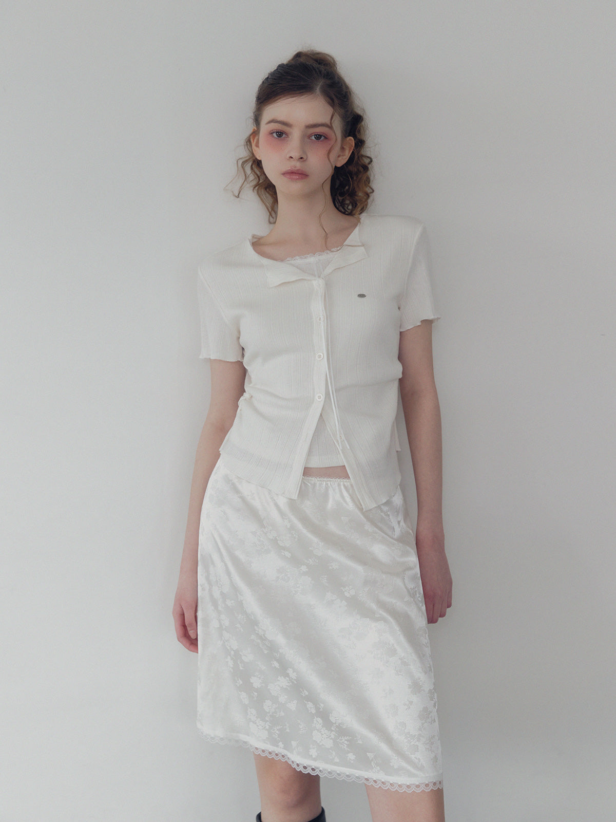 Divet flower satin banding midi skirt