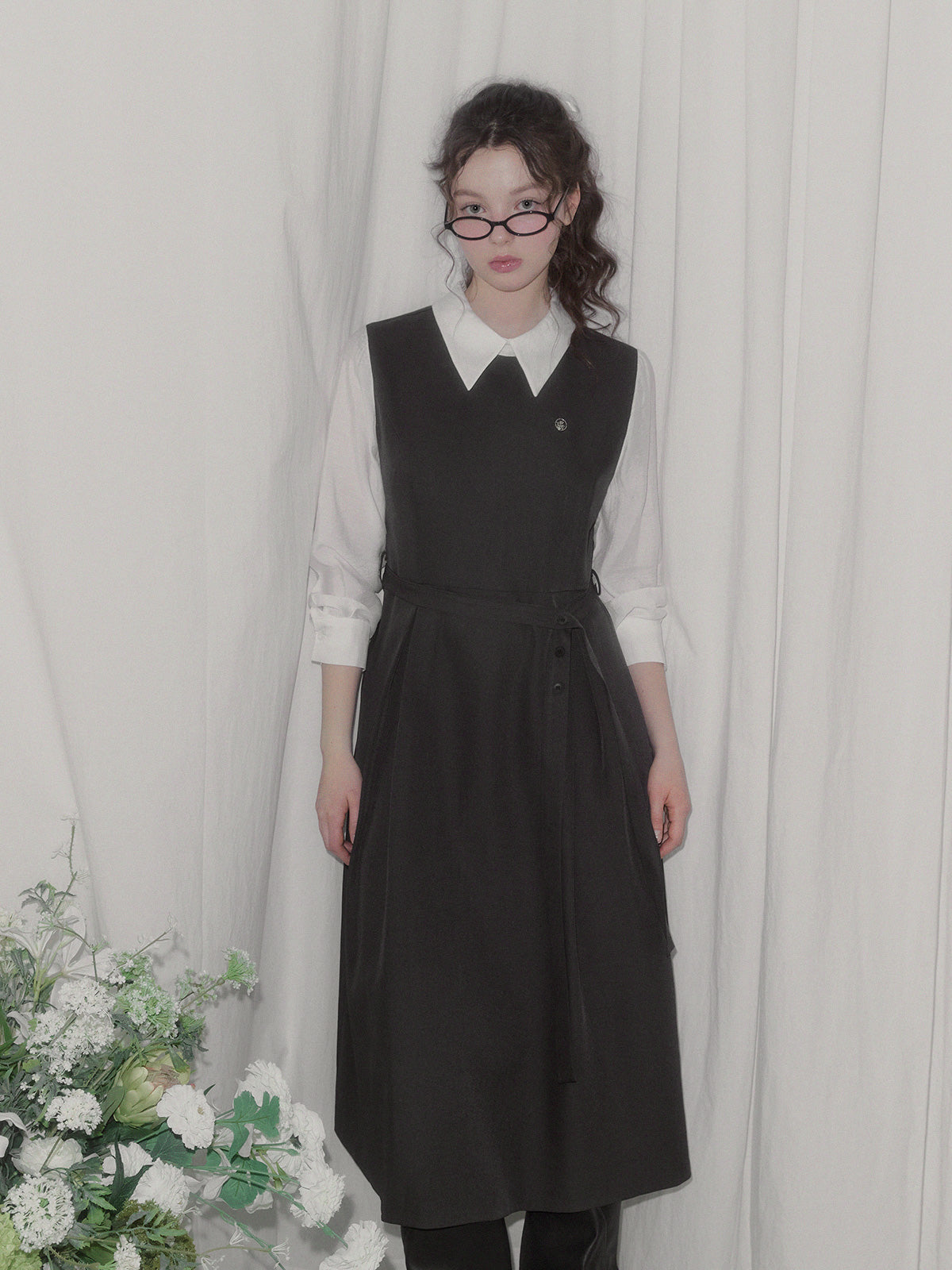 Riven shirt contrast pintuck long dress (strap set)