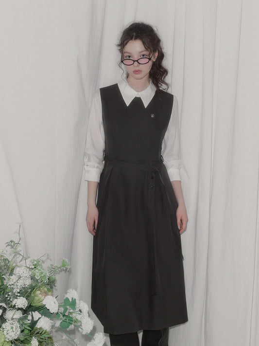 Riven shirt contrast pintuck long dress (strap set)