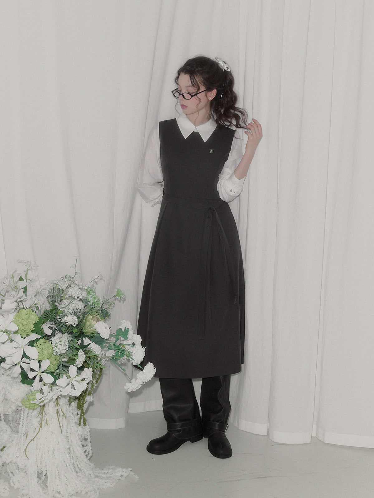 Riven shirt contrast pintuck long dress (strap set)