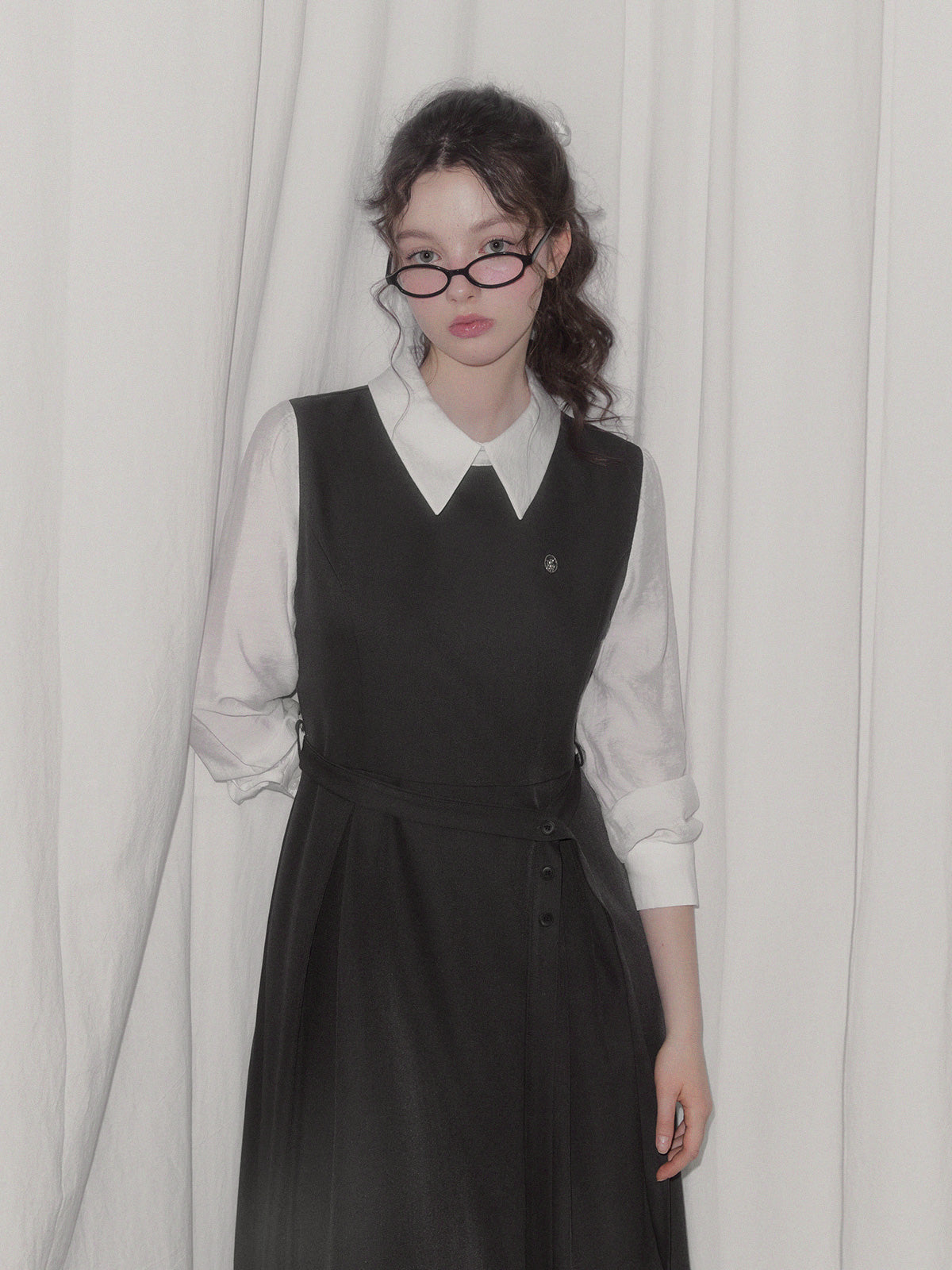 Riven shirt contrast pintuck long dress (strap set)