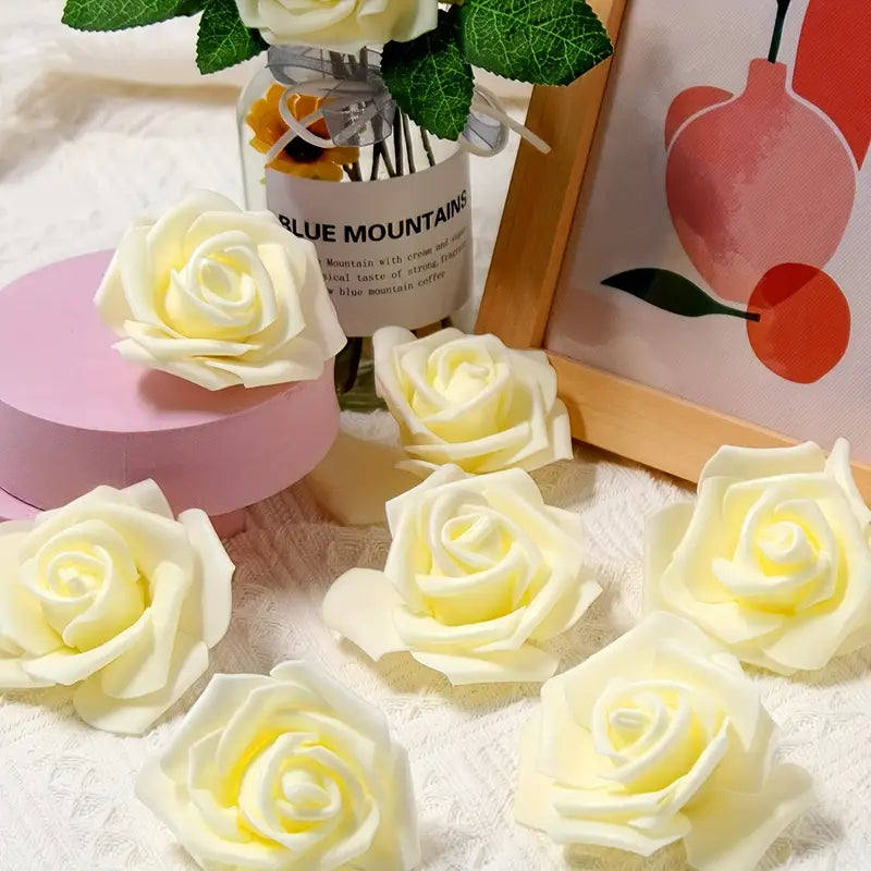 Lookrover 50pcs Ivory Artificial Foam Rose Flower Heads 7.5cm Elegant Bulk Decor