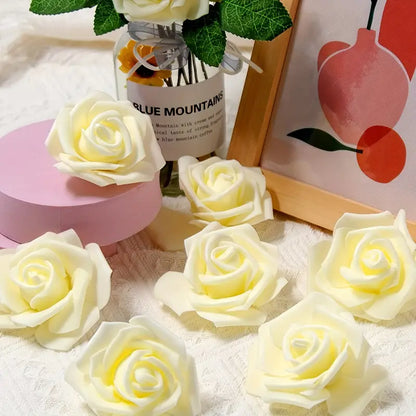 Lookrover 50pcs Ivory Artificial Foam Rose Flower Heads 7.5cm Elegant Bulk Decor