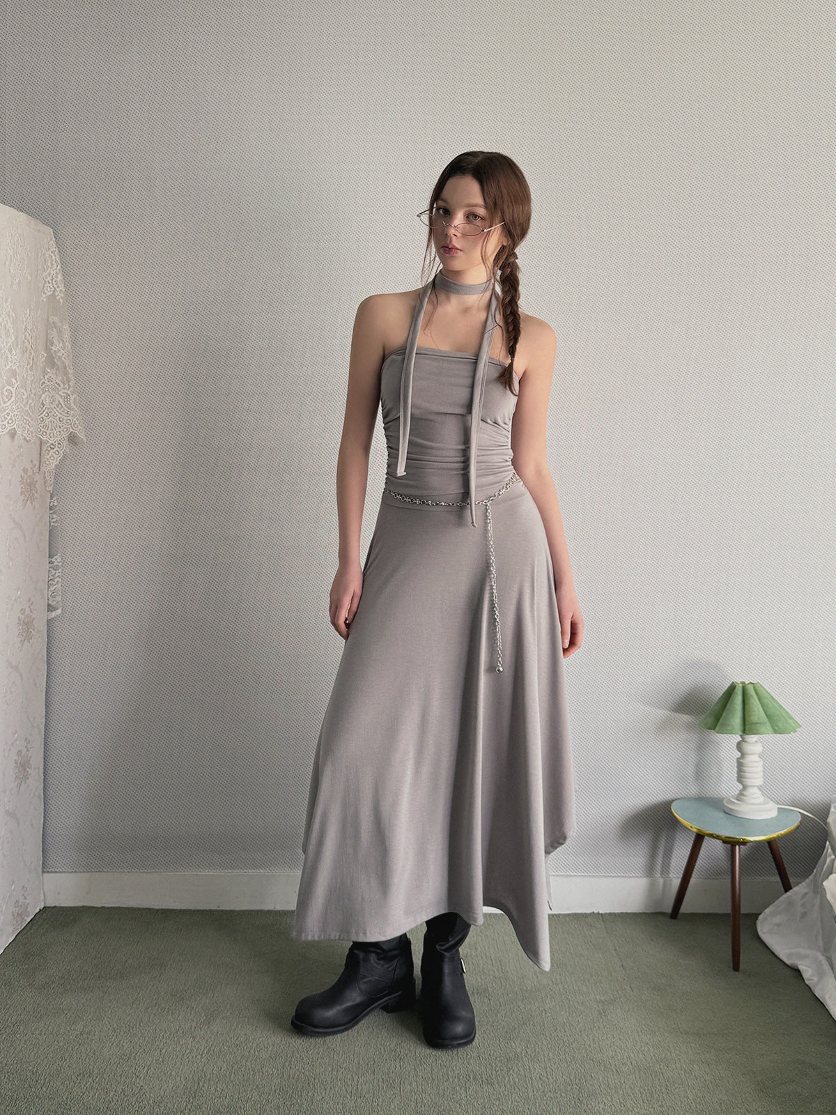 Letin Shirring Top Flare Long Dress (Strap Set)