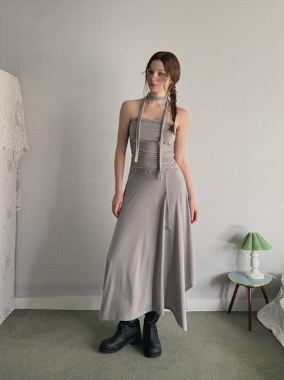 Letin Shirring Top Flare Long Dress (Strap Set)
