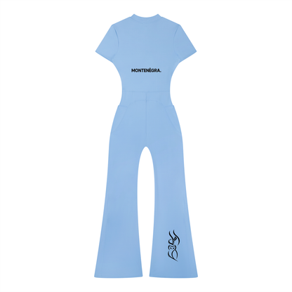 The Lady in Blue Tight Flared Leg Quarter-Zip Jumpsuit