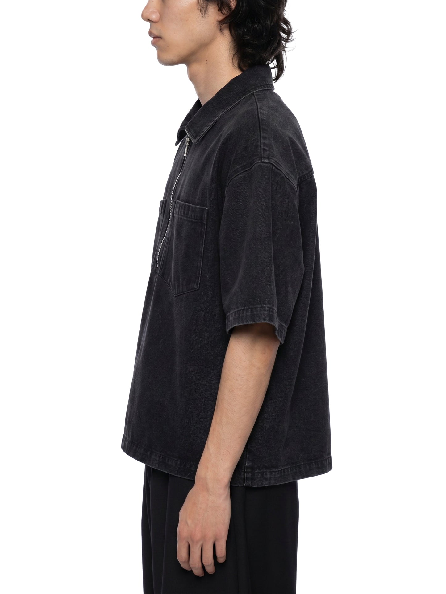 Montenegra Vintage Wash Boxy Quarter-Zip Denim Shirt