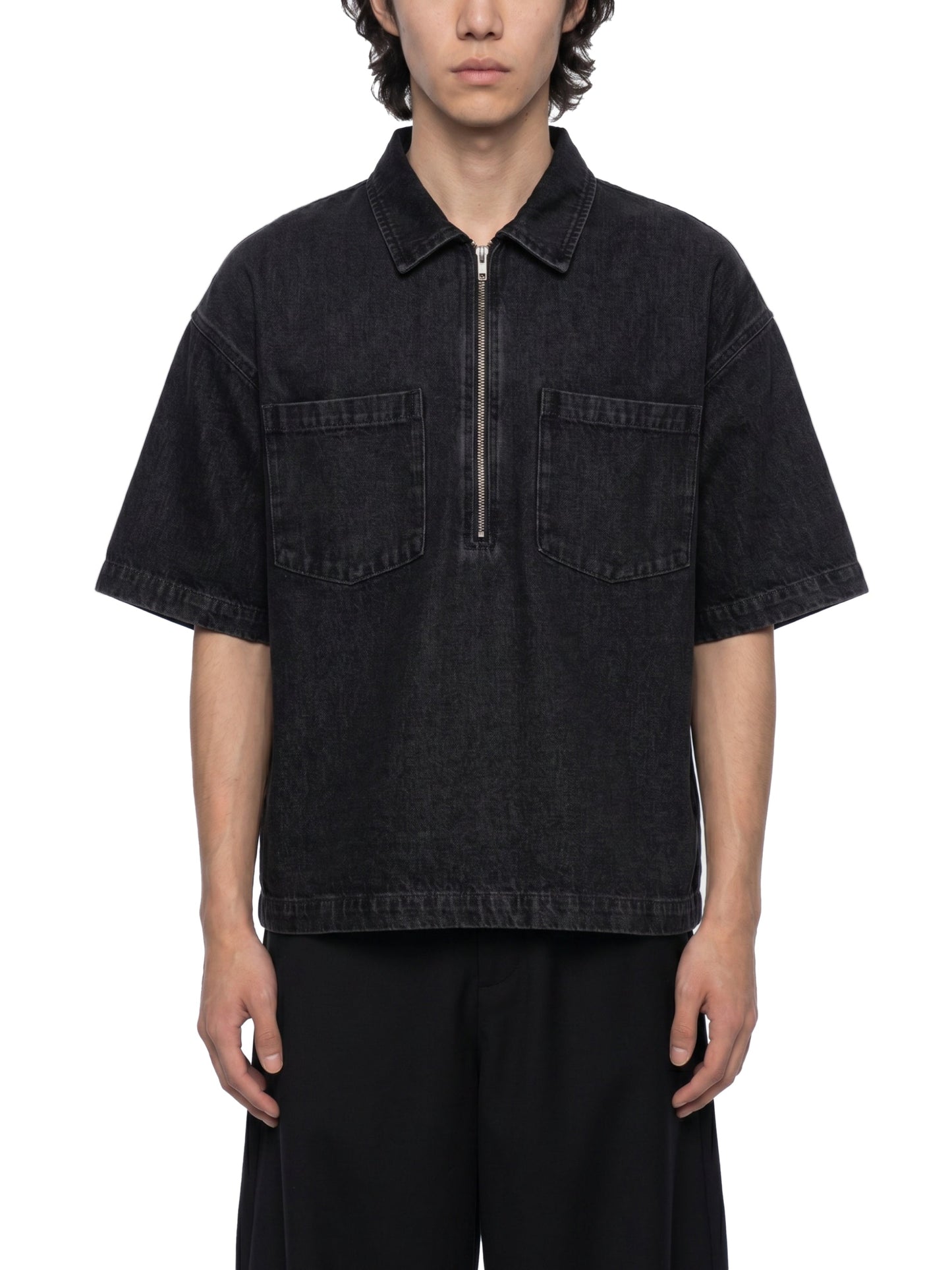 Montenegra Vintage Wash Boxy Quarter-Zip Denim Shirt