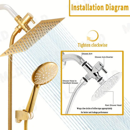 Lookrover Golden Rainfall Shower Head & Handheld Combo Set Square 150cm Hose Wall Mount