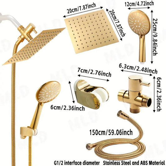 Lookrover Golden Rainfall Shower Head & Handheld Combo Set Square 150cm Hose Wall Mount