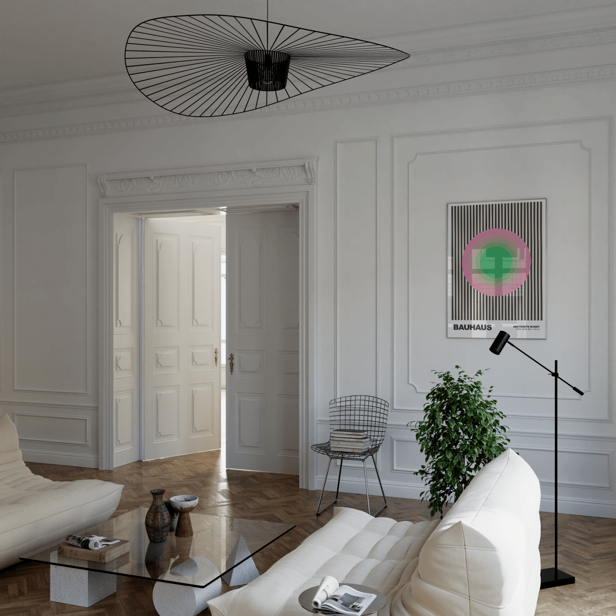 Poster Bauhaus Abstrakte Kunst · Grüner Kreis mit rosa Ringen auf schwarzen Streifen · Geometrisches Retro Wandbild · Print ohne Rahmen
