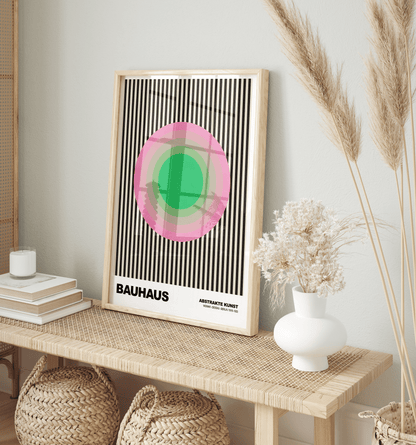 Poster Bauhaus Abstrakte Kunst · Grüner Kreis mit rosa Ringen auf schwarzen Streifen · Geometrisches Retro Wandbild · Print ohne Rahmen