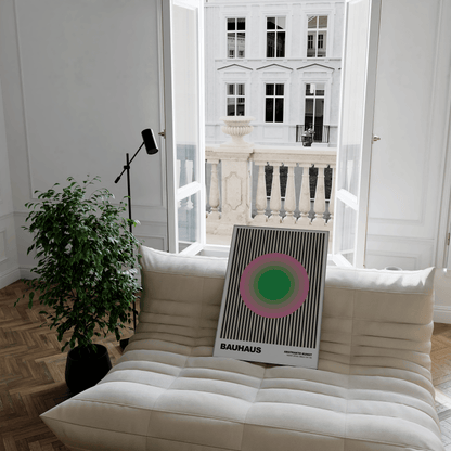 Poster Bauhaus Abstrakte Kunst · Grüner Kreis mit rosa Ringen auf schwarzen Streifen · Geometrisches Retro Wandbild · Print ohne Rahmen