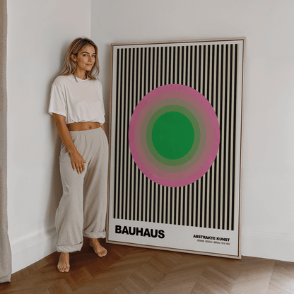 Poster Bauhaus Abstrakte Kunst · Grüner Kreis mit rosa Ringen auf schwarzen Streifen · Geometrisches Retro Wandbild · Print ohne Rahmen